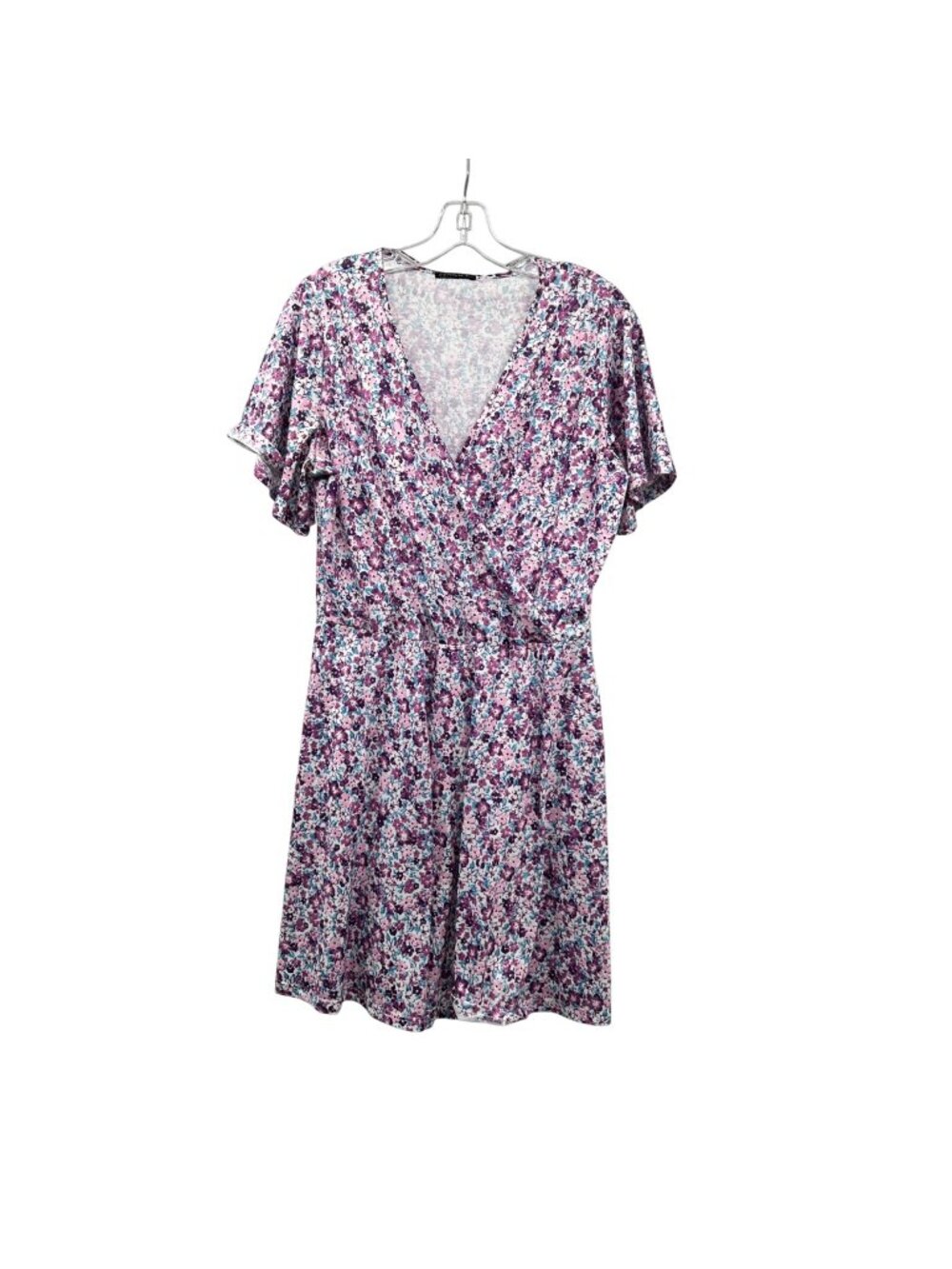 FENSACE Floral A-Line Dress Surplice Purple/Multi Short Sleeve Size XL